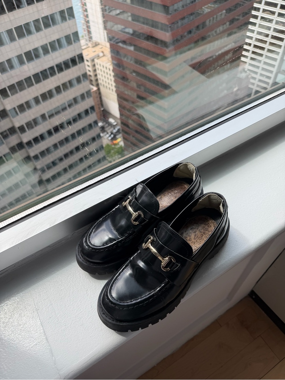 Steve Madden Black Patent Loafers with Gold Hardware